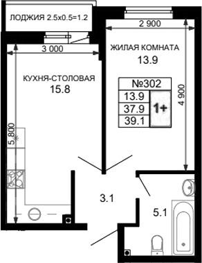 Планировка однокомнатная 38.55 м² в ЖК «Дыхание (АСК)», корпус 29