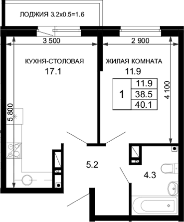 Планировка однокомнатная 40.1 м² в ЖК «Дыхание (АСК)», корпус 28