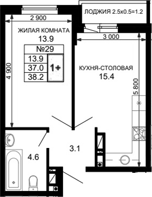 Планировка евродвушка (2Е) 38.5 м² в ЖК «Дыхание (АСК)», корпус 29