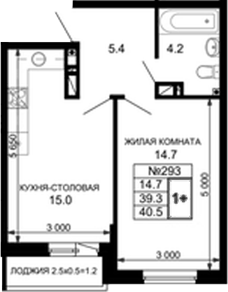 Планировка евродвушка (2Е) 40.75 м² в ЖК «Дыхание (АСК)», корпус 29