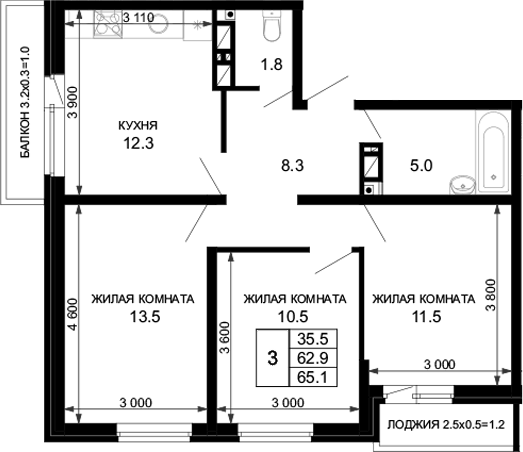 Планировка трёхкомнатная 65.1 м² в ЖК «Дыхание (АСК)», корпус 22