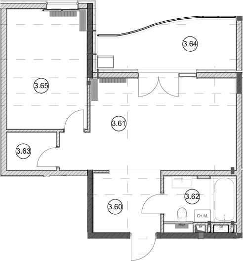 Планировка однокомнатная 55.4 м² в ЖК «Эден Ривьера», корпус 1