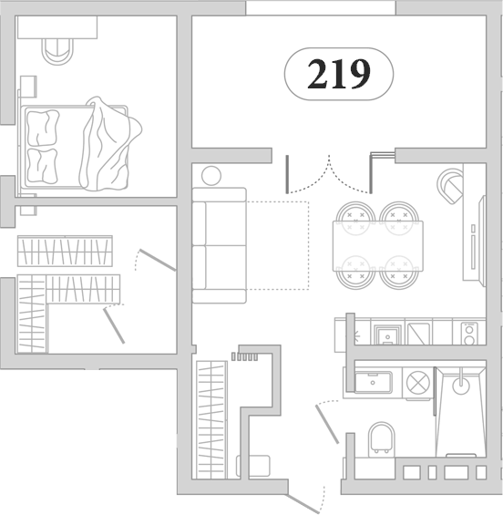 Планировка однокомнатная 58.5 м² в ЖК «Эден Ривьера», корпус 2