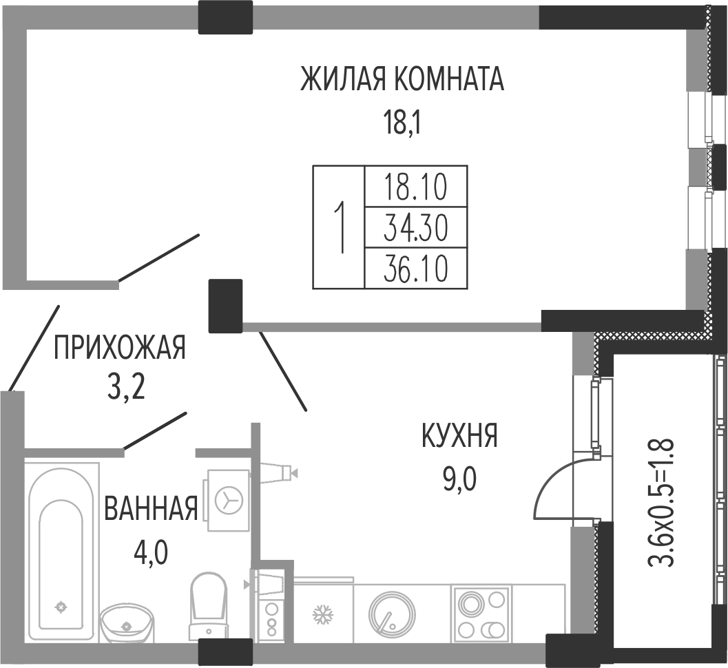 Планировка однокомнатная 36.1 м² в ЖК «Екатерининский парк», корпус 4