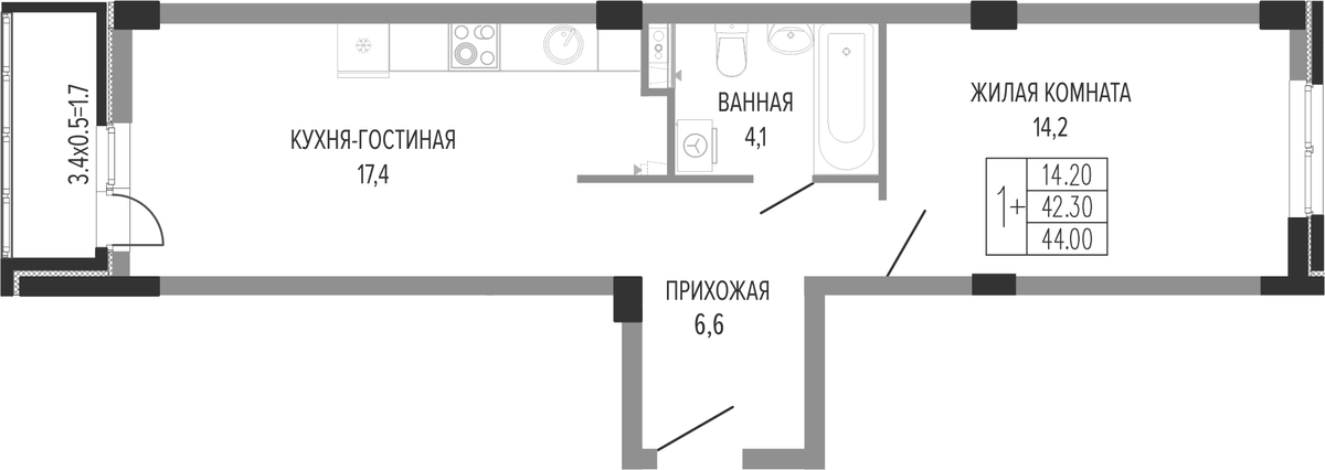 Планировка евродвушка (2Е) 45 м² в ЖК «Екатерининский парк», корпус 4