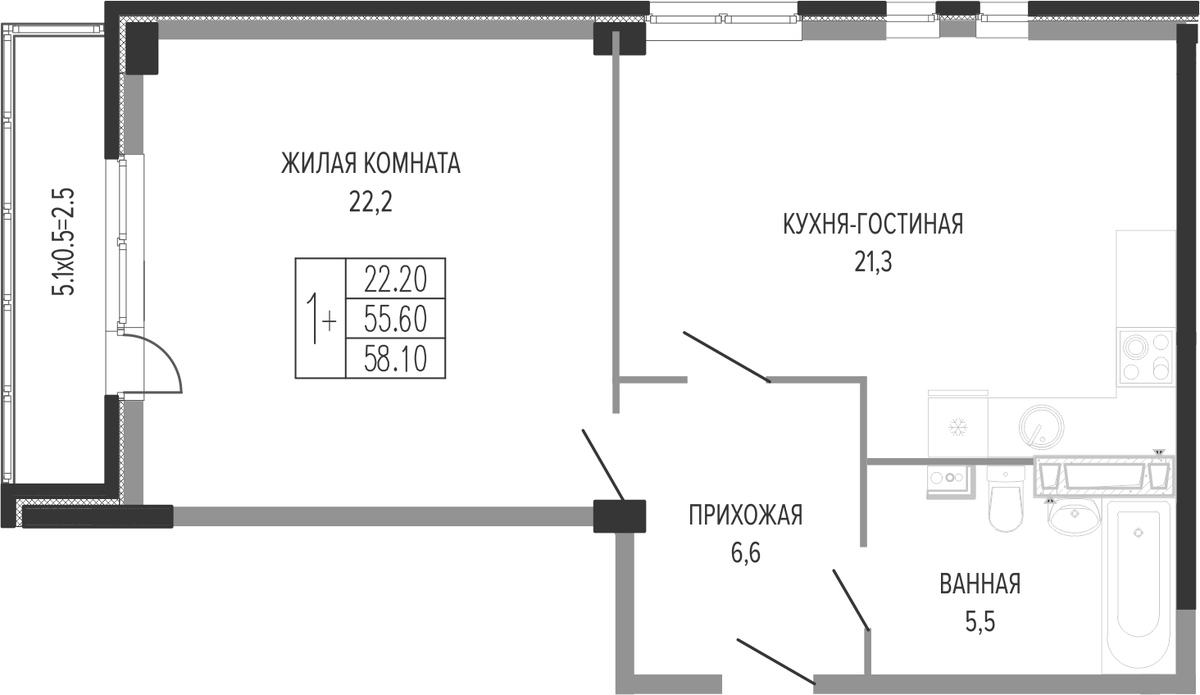 Планировка евродвушка (2Е) 59.25 м² в ЖК «Екатерининский парк», корпус 4