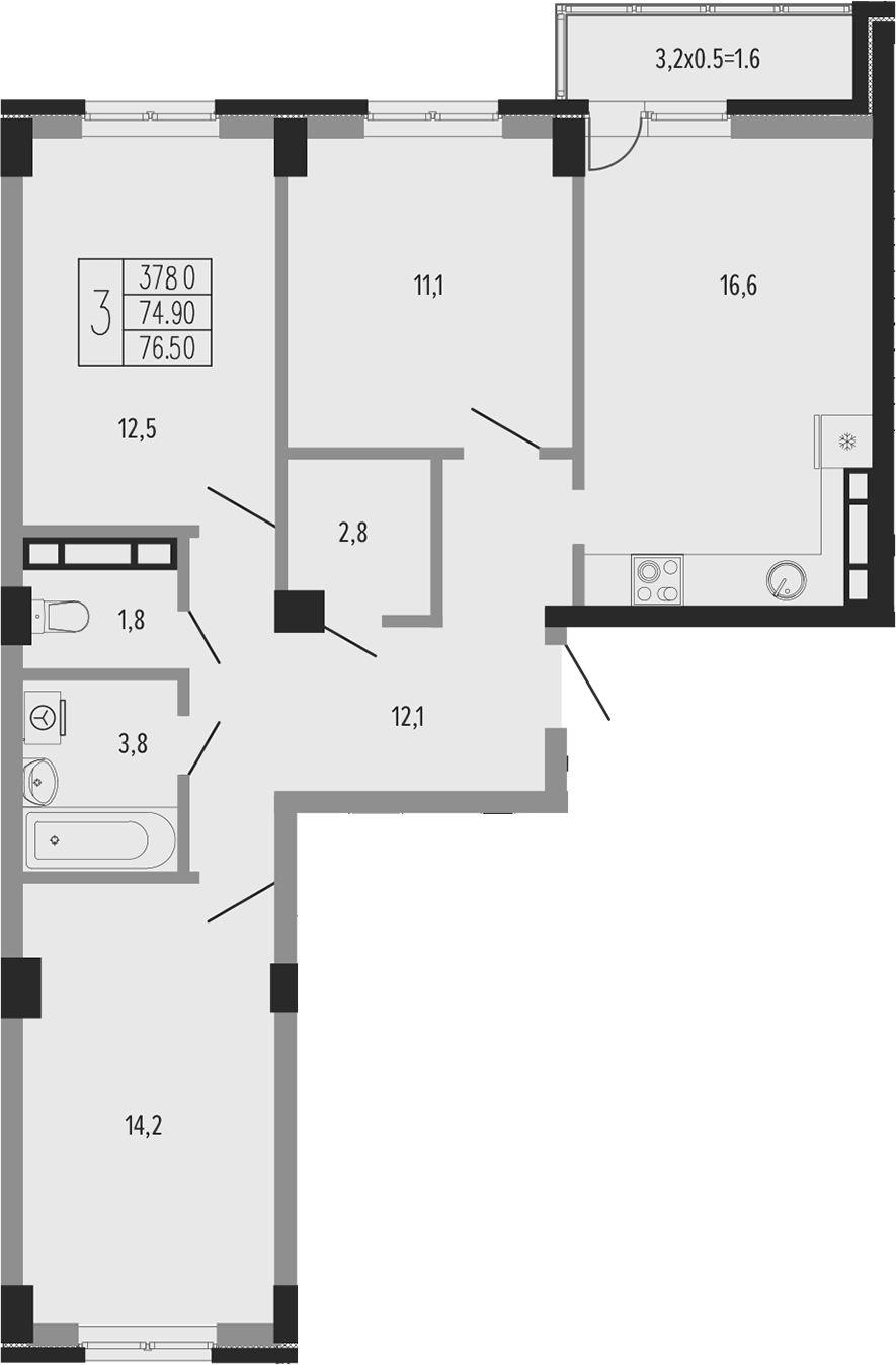 Планировка трёхкомнатная 78.55 м² в ЖК «Екатерининский парк», корпус 5