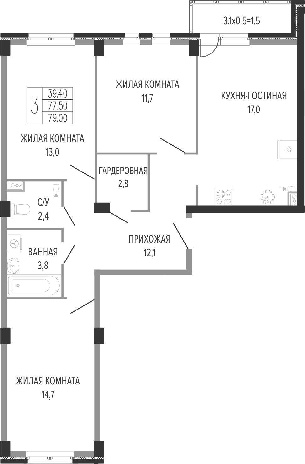 Планировка евро-4 (4Е) 81 м² в ЖК «Екатерининский парк», корпус 4