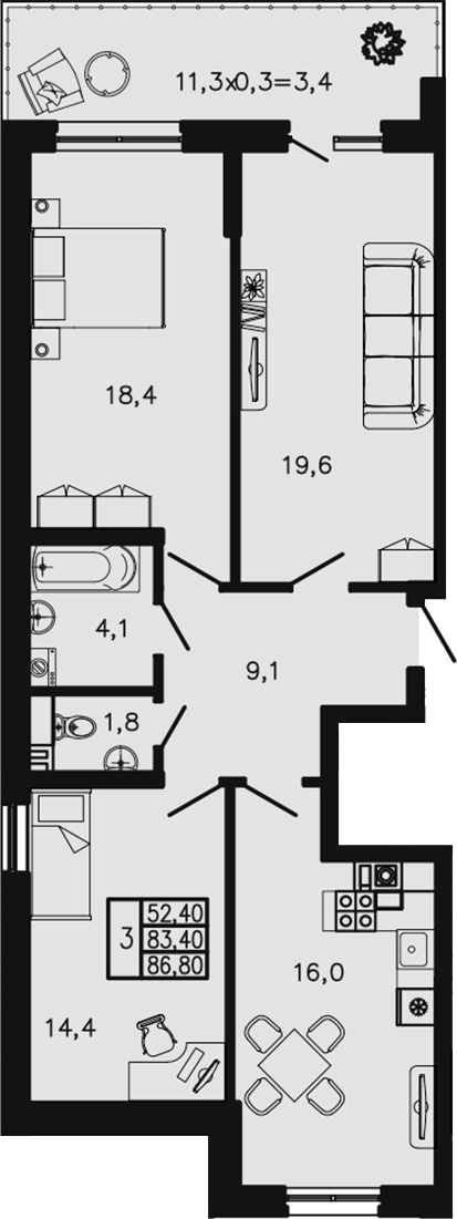 Планировка трёхкомнатная 86.8 м² в ЖК «Экосфера», корпус 3