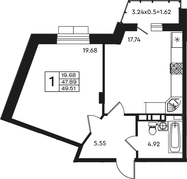 Планировка однокомнатная 49.51 м² в ЖК «Эндемик», корпус 1