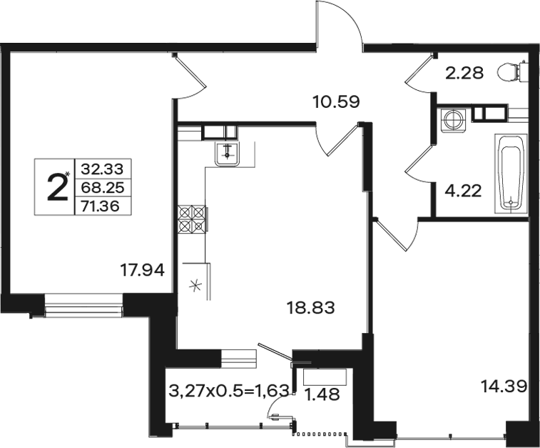 Планировка двухкомнатная 71.36 м² в ЖК «Эндемик», корпус 1