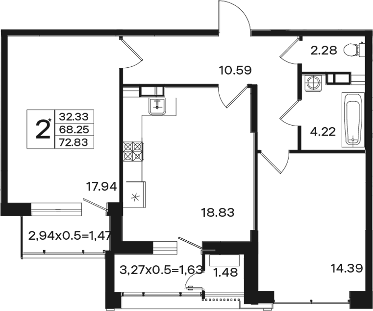 Планировка двухкомнатная 72.83 м² в ЖК «Эндемик», корпус 1