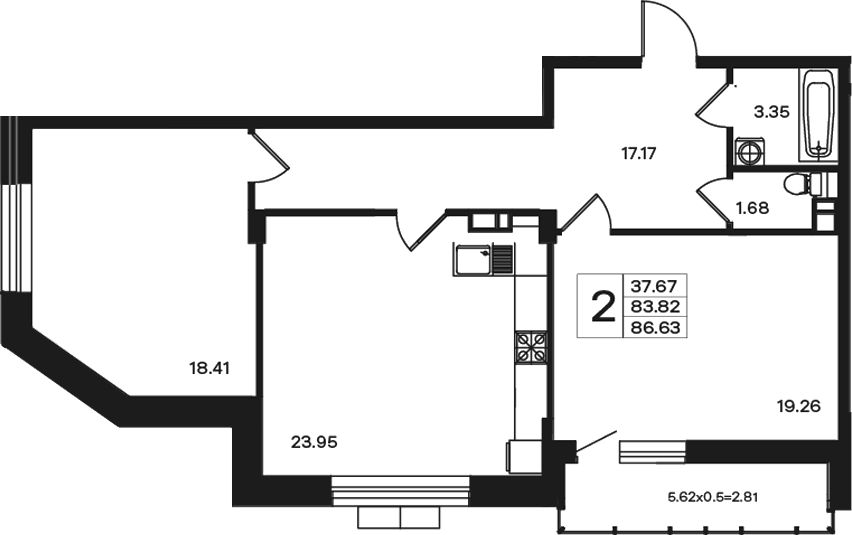 Планировка двухкомнатная 86.63 м² в ЖК «Эндемик», корпус 1