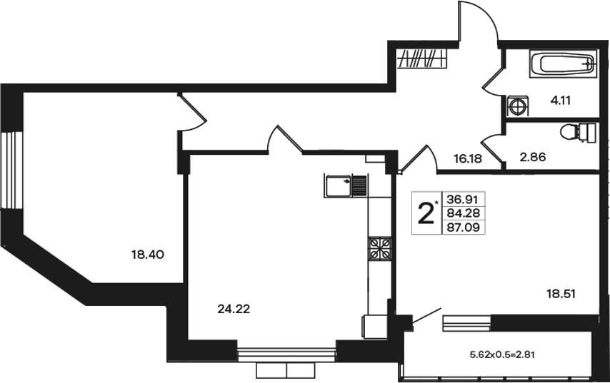 Планировка двухкомнатная 87.09 м² в ЖК «Эндемик», корпус 1