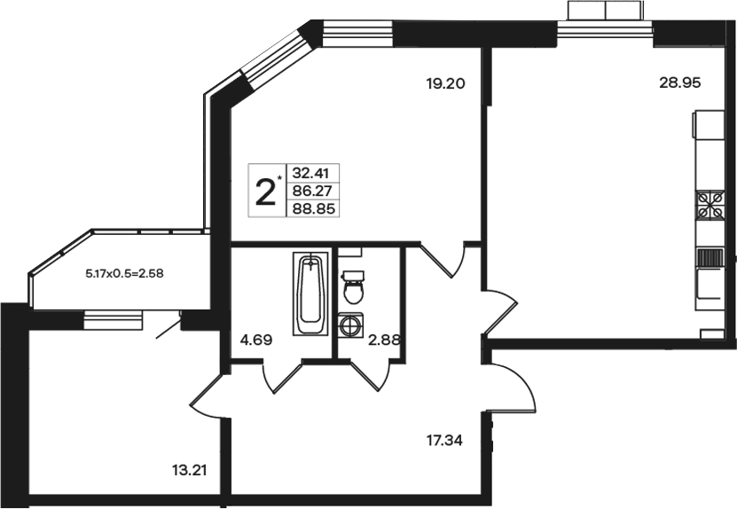 Планировка двухкомнатная 88.85 м² в ЖК «Эндемик», корпус 1