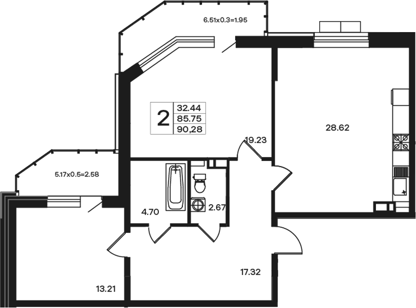 Планировка двухкомнатная 90.28 м² в ЖК «Эндемик», корпус 1
