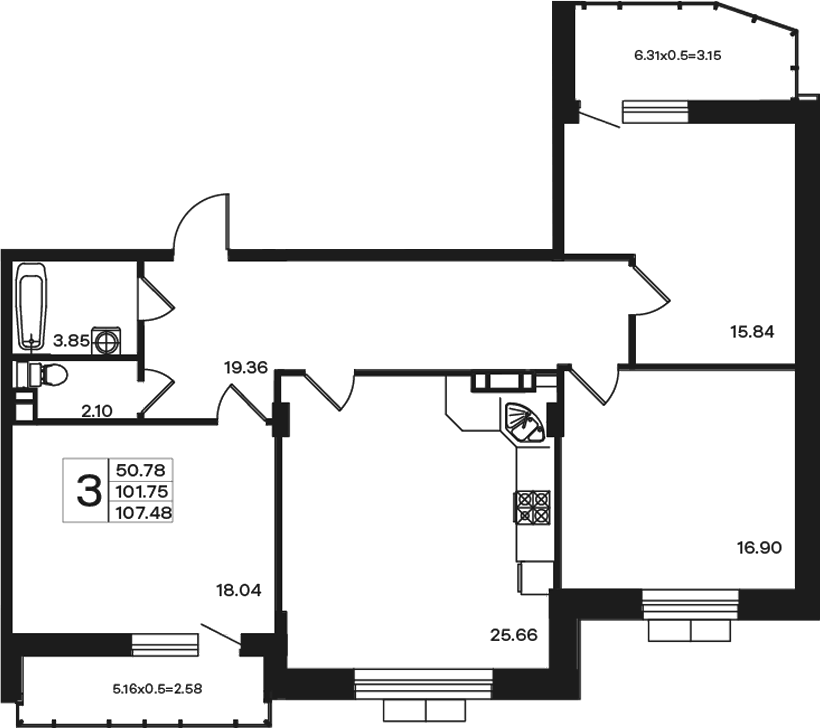 Планировка трёхкомнатная 107.48 м² в ЖК «Эндемик», корпус 1