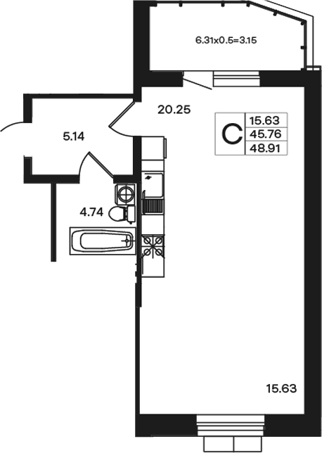 Планировка Студии 48.91 м² в ЖК «Эндемик», корпус 1
