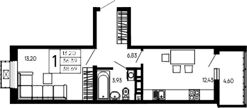 Планировка однокомнатная 38.69 м² в ЖК «Эпос», корпус 1