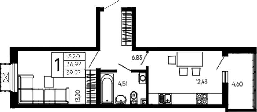 Планировка однокомнатная 39.27 м² в ЖК «Эпос», корпус 1