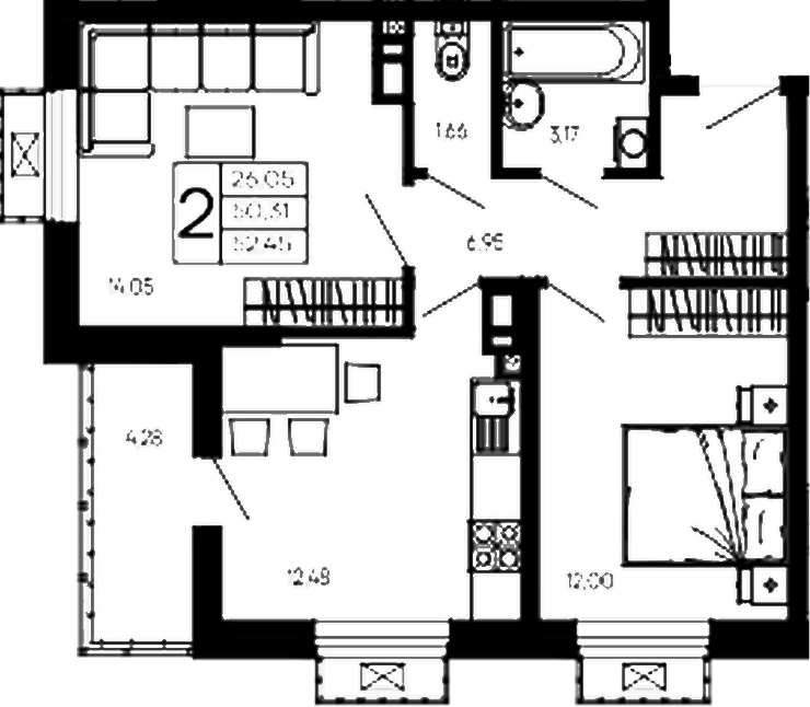 Планировка двухкомнатная 52.45 м² в ЖК «Эпос», корпус 1