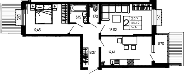 Планировка двухкомнатная 57.17 м² в ЖК «Эпос», корпус 6