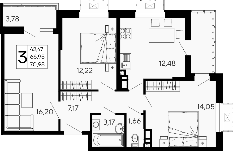 Планировка трёхкомнатная 70.98 м² в ЖК «Эпос», корпус 5