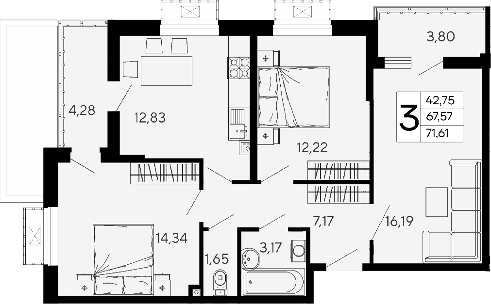 Планировка трёхкомнатная 71.61 м² в ЖК «Эпос», корпус 5