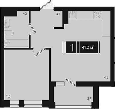 Планировка однокомнатная 41 м² в ЖК «Эрмитаж», корпус 1.2