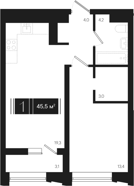 Планировка однокомнатная 45.5 м² в ЖК «Эрмитаж», корпус 1.1