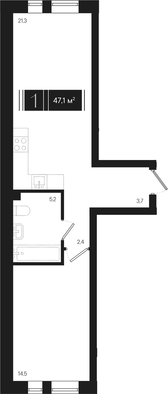 Планировка однокомнатная 47.1 м² в ЖК «Эрмитаж», корпус 1.1