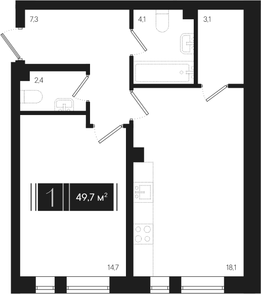 Планировка однокомнатная 49.7 м² в ЖК «Эрмитаж», корпус 1.1