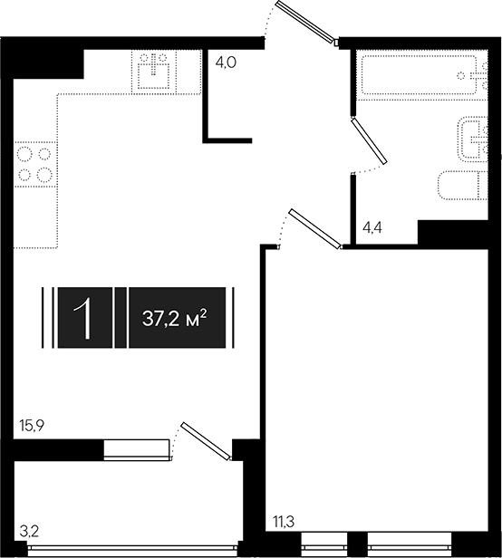 Планировка евродвушка (2Е) 37.2 м² в ЖК «Эрмитаж», корпус 2.1