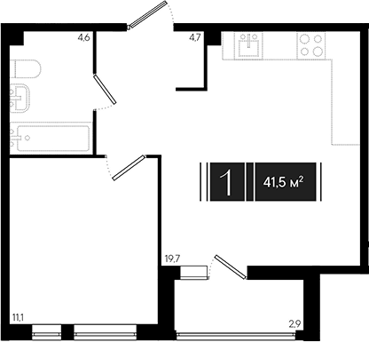 Планировка евродвушка (2Е) 41.5 м² в ЖК «Эрмитаж», корпус 2.1
