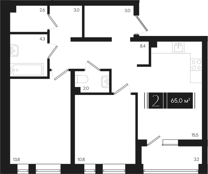 Планировка двухкомнатная 65 м² в ЖК «Эрмитаж», корпус 1.1