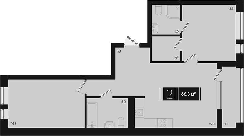 Планировка двухкомнатная 68.3 м² в ЖК «Эрмитаж», корпус 1.2