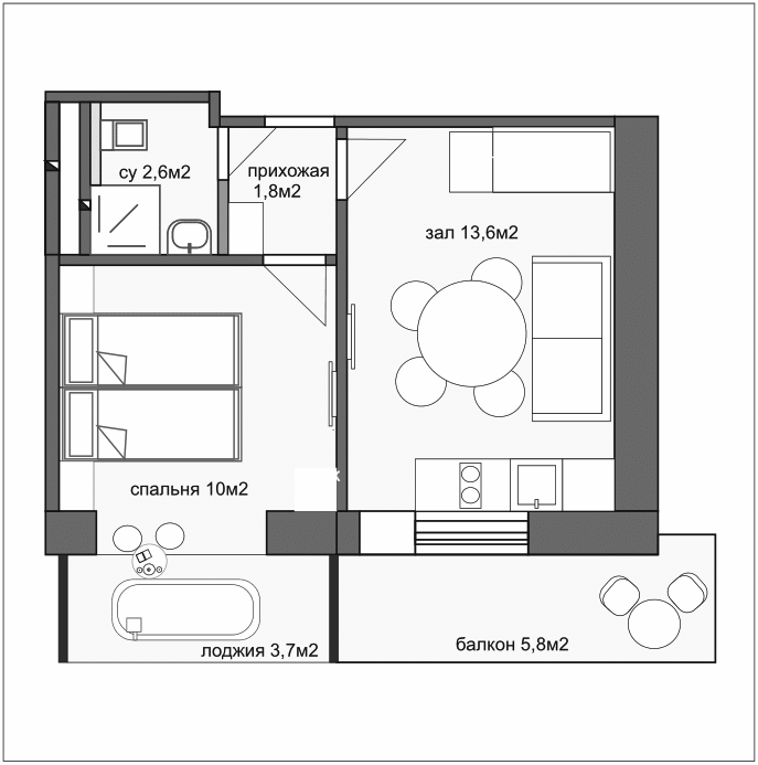 Планировка однокомнатная 33.1 м² в ЖК «Esenin Collection by Grace Group 4*», корпус 1