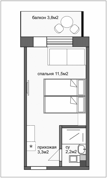 Планировка Студии 16.3 м² в ЖК «Esenin Collection by Grace Group 4*», корпус 1