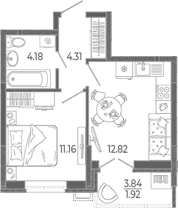 Планировка однокомнатная 34.39 м² в ЖК «Эстет», корпус 1
