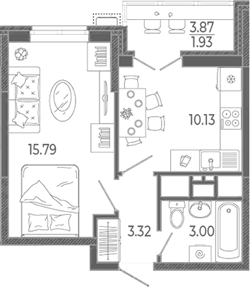 Планировка однокомнатная 35.07 м² в ЖК «Эстет», корпус 1