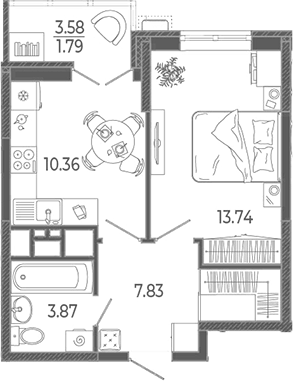 Планировка однокомнатная 37.59 м² в ЖК «Эстет», корпус 1