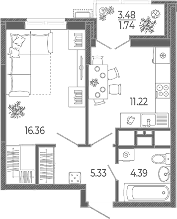 Планировка однокомнатная 39.04 м² в ЖК «Эстет», корпус 1