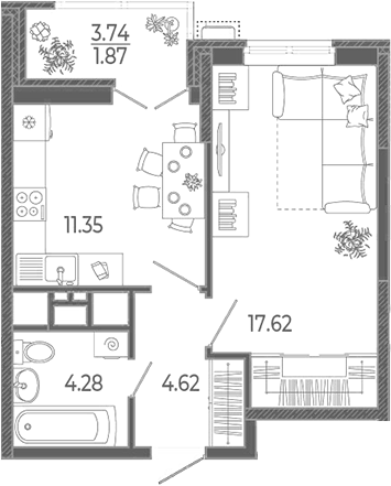 Планировка однокомнатная 39.74 м² в ЖК «Эстет», корпус 1