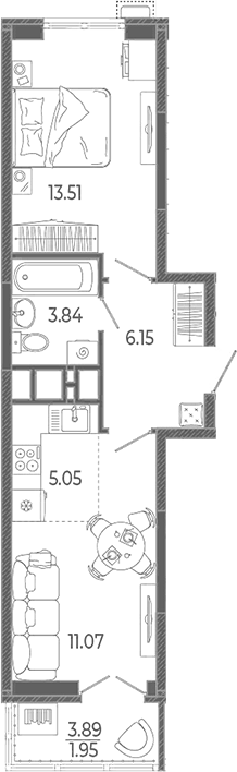 Планировка евродвушка (2Е) 41.57 м² в ЖК «Эстет», корпус 1