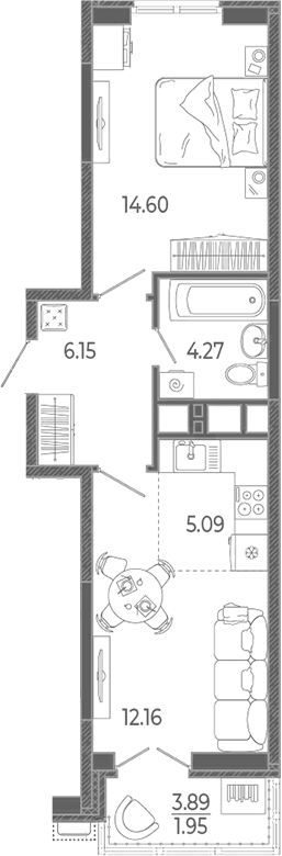 Планировка евродвушка (2Е) 44.22 м² в ЖК «Эстет», корпус 1