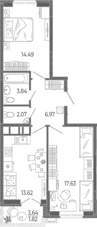 Планировка двухкомнатная 60.44 м² в ЖК «Эстет», корпус 1