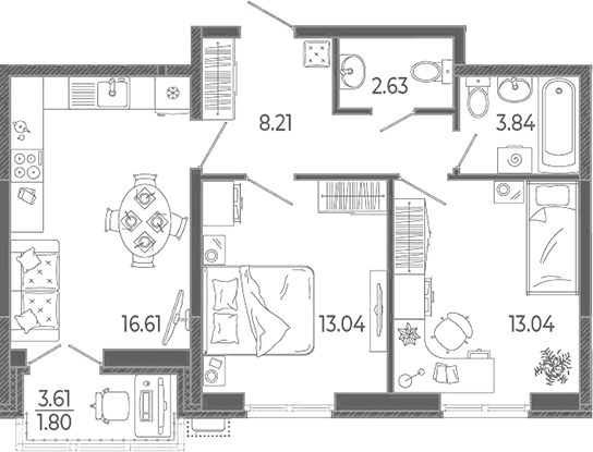 Планировка евротрёшка (3Е) 59.17 м² в ЖК «Эстет», корпус 1