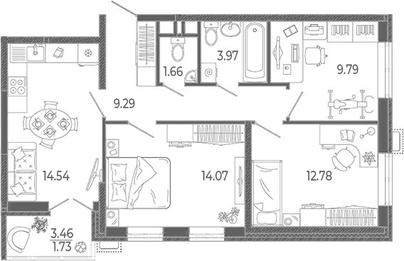 Планировка трёхкомнатная 67.83 м² в ЖК «Эстет», корпус 1