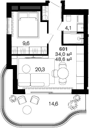 Планировка однокомнатная 48.6 м² в ЖК «Benefit Sea Breeze Sochi», корпус 1