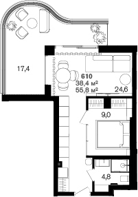 Планировка однокомнатная 55.8 м² в ЖК «Benefit Sea Breeze Sochi», корпус 1